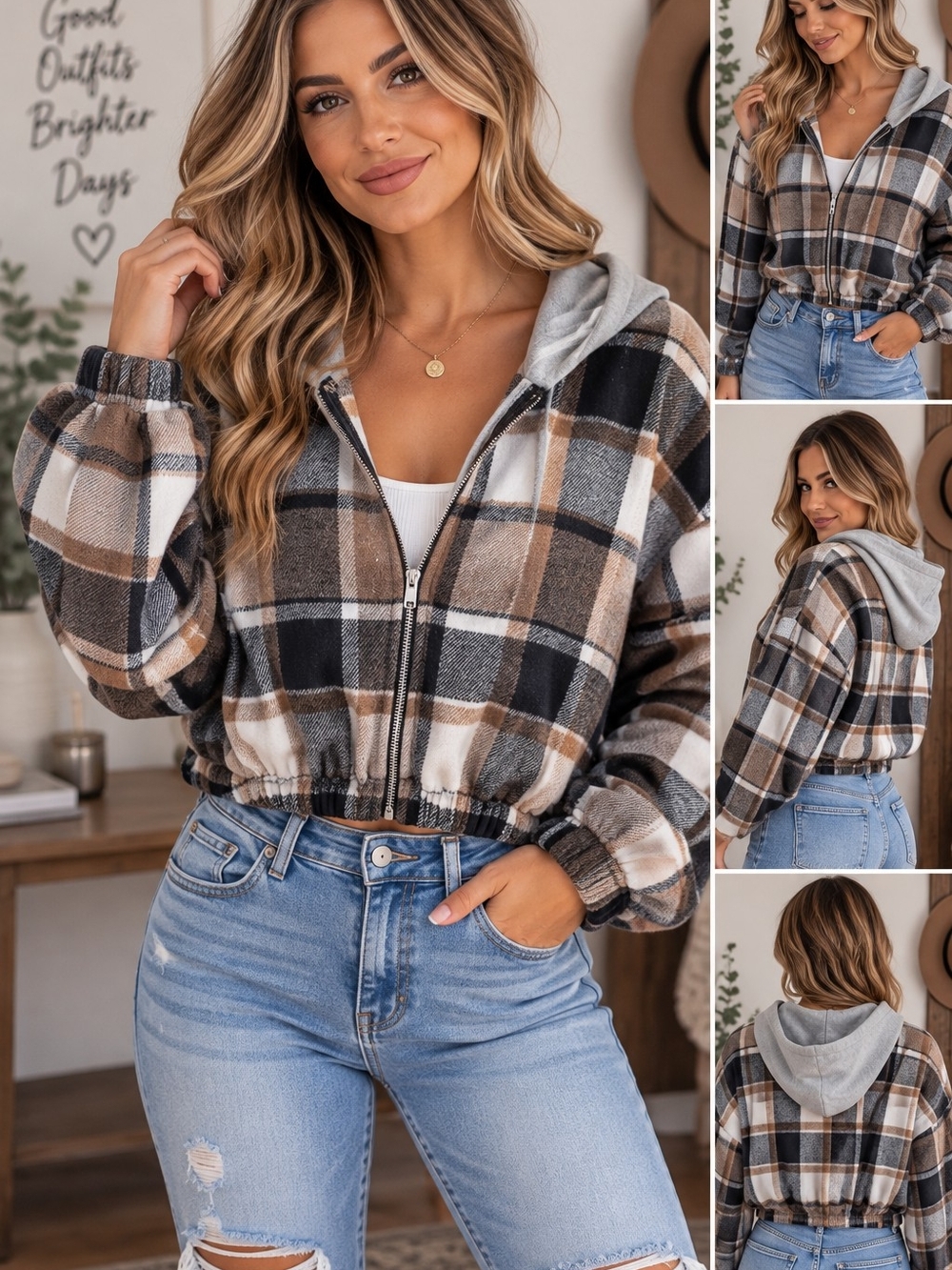 SHEIN Brown Black White Plaid Zip-Up Hooded Jacket